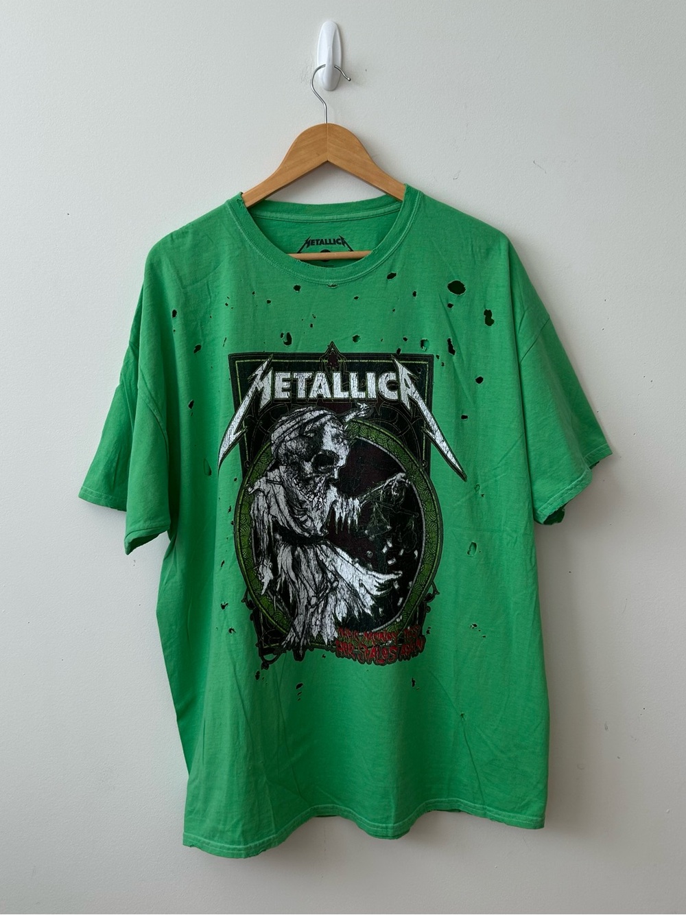 Metallica Green Distressed Graphic T-Shirt, 100% Cotton, Size OS